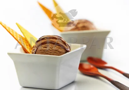 Two bowls of tasty ice cream topped with chocolate sauce & orange wafers with two wooden spoons