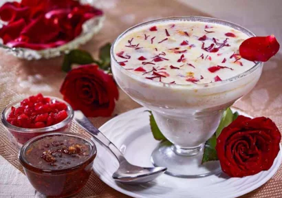 A bowl of dessert topped with rose petals,accompanied with a bowl of raspberries and lovely roses.